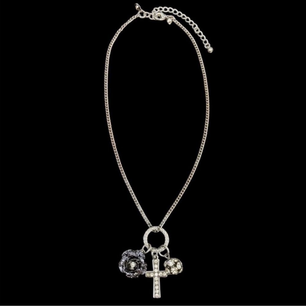 Vintage Cross Necklace Enamel Flower Beaded Ball Crystal Charms Silver Chain - Picture 12 of 12